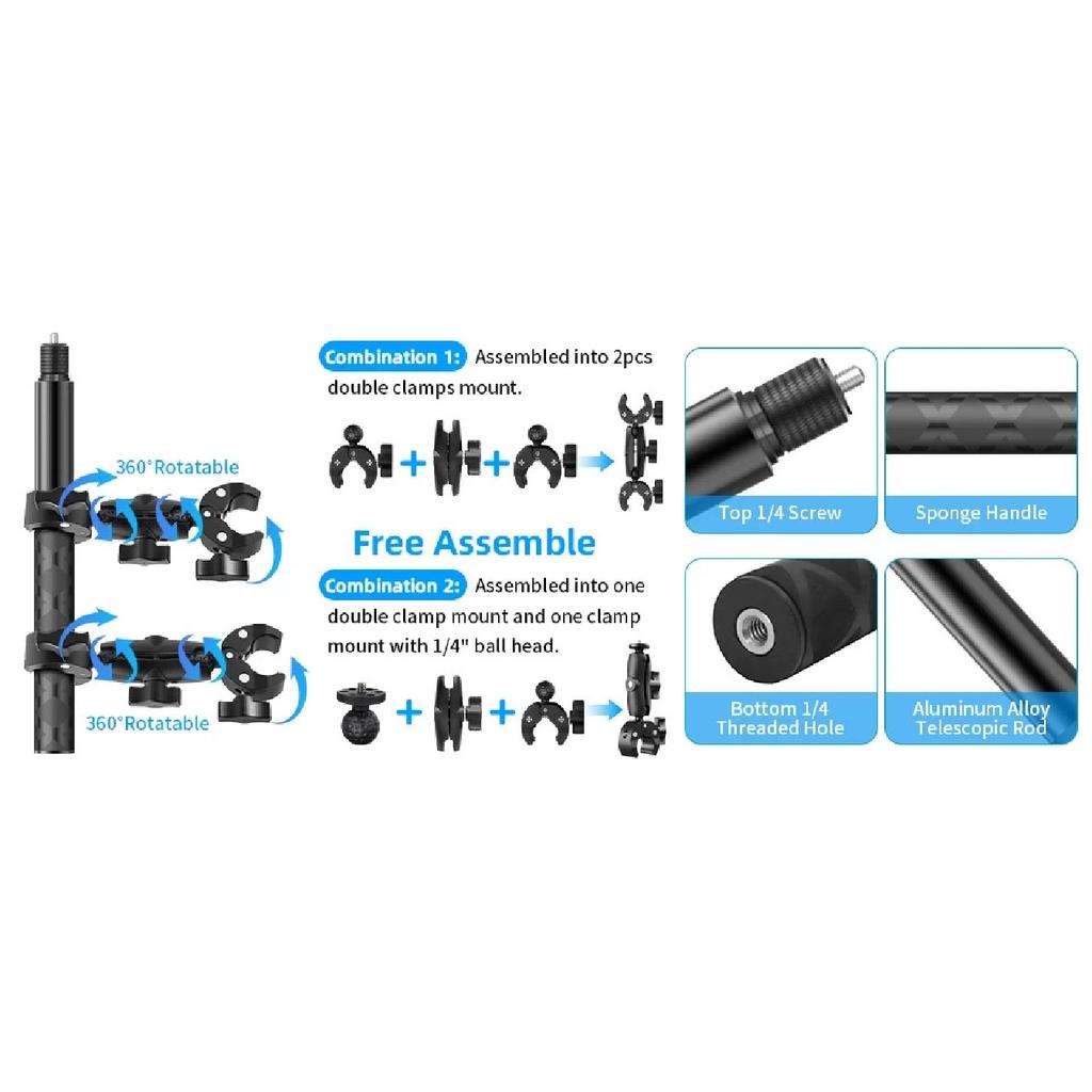 Motorcycle Mount Kit for Insta360 X5 X4 X3 X2 RS DJI GoPro Double Clamp Handlebar Selfie Stick for Insta 360 Mount Accessories