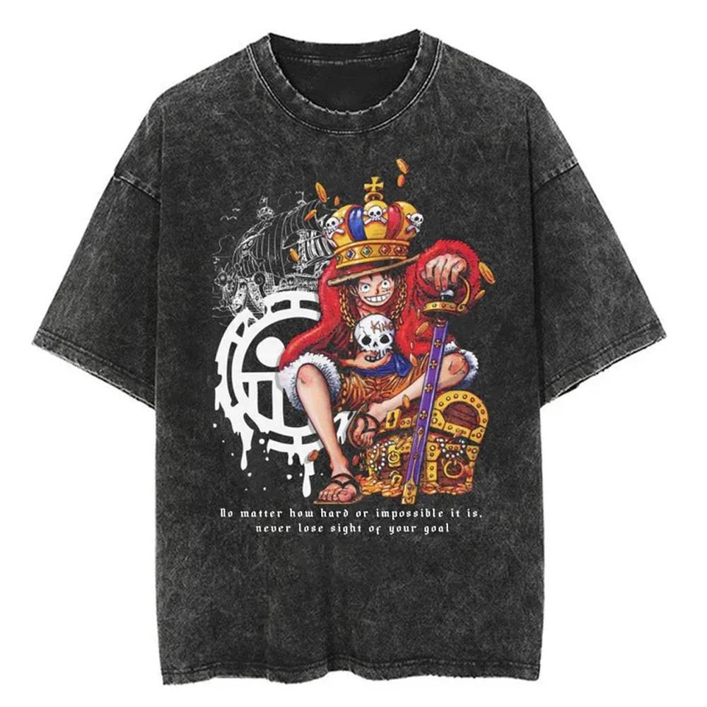 Lässiges gewaschenes Harajuku Herren T-Shirt Baumwolle gewaschen Japanischer Anime One Piece Grafik Locker Streetwear Schwarze Oberteile T-Shirts