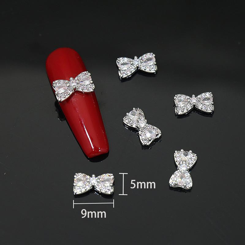 Silver Bow Zircon Nail Accessories Shiny Diamond Acc Press-On Nails Decoration