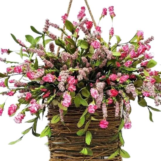 Door Hanger Basket Wreath Spring Summer Artificial Flowers In Wicker Basket for Front Door Rustic Rattan Hanging Basket Wreath for Home Porch Entryway