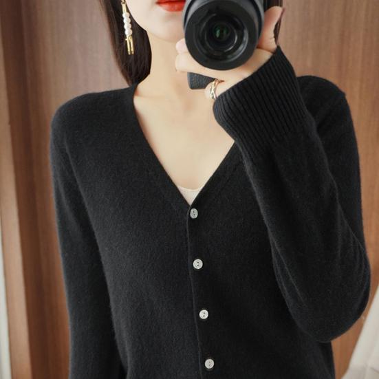 Spring Summer Knitting Cardigan V-Neck Long Sleeve Ribbed Cuffs Sweater Solid Color Single Breasted Stretchy Knitwear