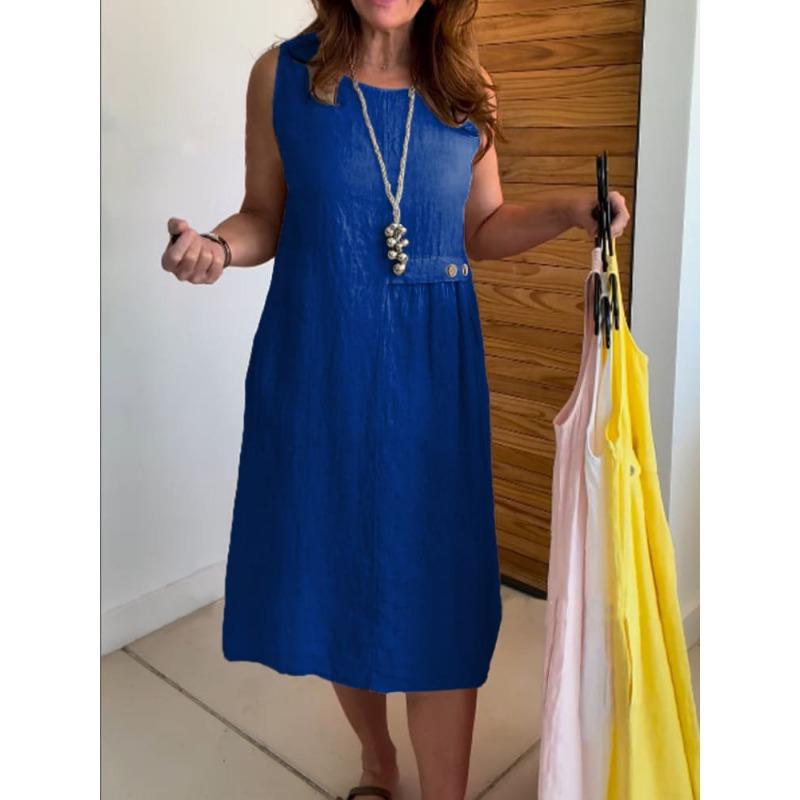 DAFIFY Women's Fashion Summer Spring Solid Color Print Sleeveless O-Neck Loose Waistline Casual Dresses