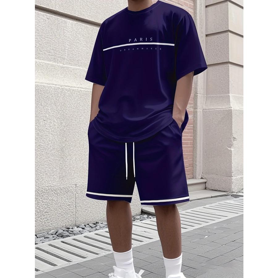 Conjunto de Camiseta de Color Sólido y Pantalones Cortos de Verano Top de Manga Corta con Estampado de Letras y Pantalones Cortos con Cordón Streetwear Moda para Hombre Ropa Deportiva