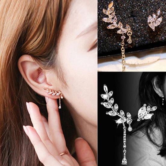 Brincos de Tarraxa Assimétricos Antiferrugem Femininos Folha Strass Borla para Casamento