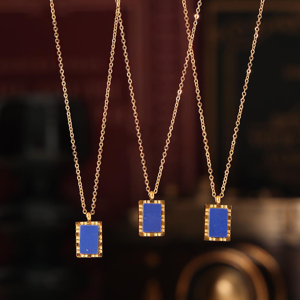 Retro Natural Blue Lapis Lazuli Geometric Square Brand Clavicle Chain, Titanium Steel Plated With 18K Gold, Which Does Not Fade And Stacks The Wind.