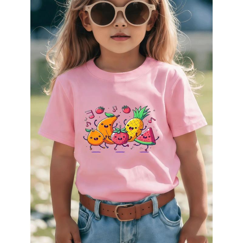 European sizes Cute Cartoon Fruit Dance T-Shirt - Featuring a Smiling Orange for Girls, Tropical Mango for Boys
