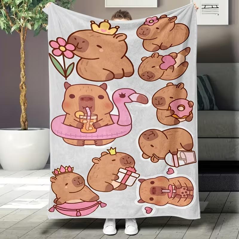 Flannel Blanket, 2D Printed Capybara Animal Cartoon Cute Milk Tea Element Throw, BirthdayHoliday Gift, Multi-Use for SofaCamping