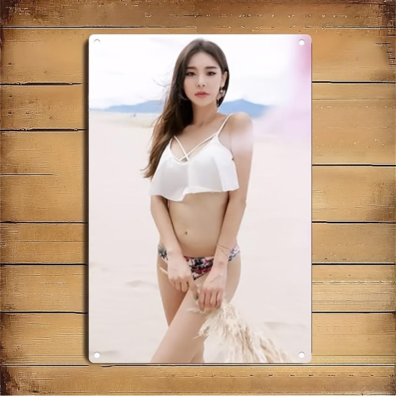 Retro Metal Wall Art Sign - Rustic Korean Woman Beach Poster with Iron Frame Home Decor