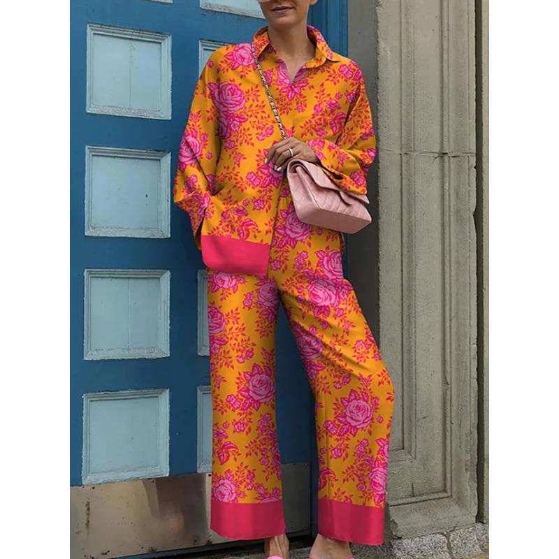 Spring New Loose Retro Print Pajamas Set Women's Pajamas Pajamas 2 Pieces Long Sleeve Plus Size Pajamas Sportswear
