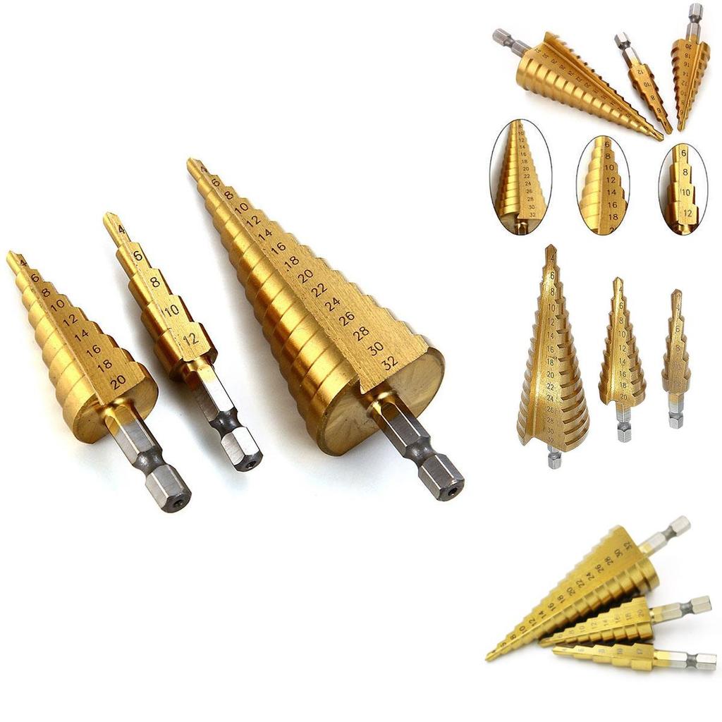 Set di Punte Coniche HSS in Acciaio Titanio di Alta Qualità, 3 Pezzi, 4-12/20/32mm, Taglierino per Fori, per Applicazioni Versatili