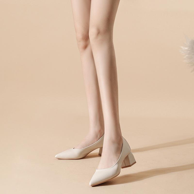 - Leather New Shallow High-heeled Pointed Spring Single Shoes Women's Commuter Thick-heeled Soft Leather Shoes