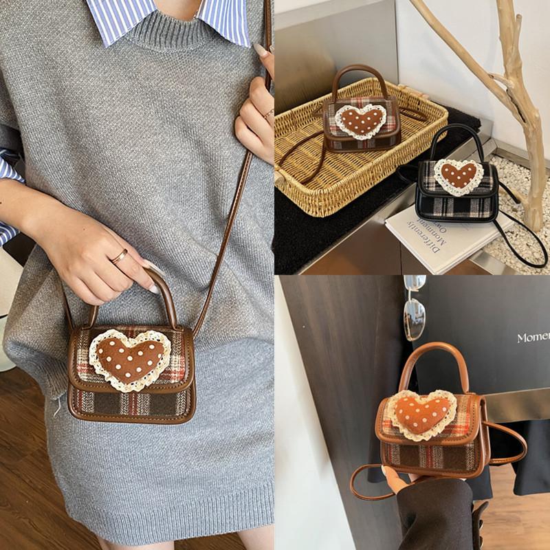 Cute Plaid Mini Crossbody Bag With Heart Lace For Kids And Teens