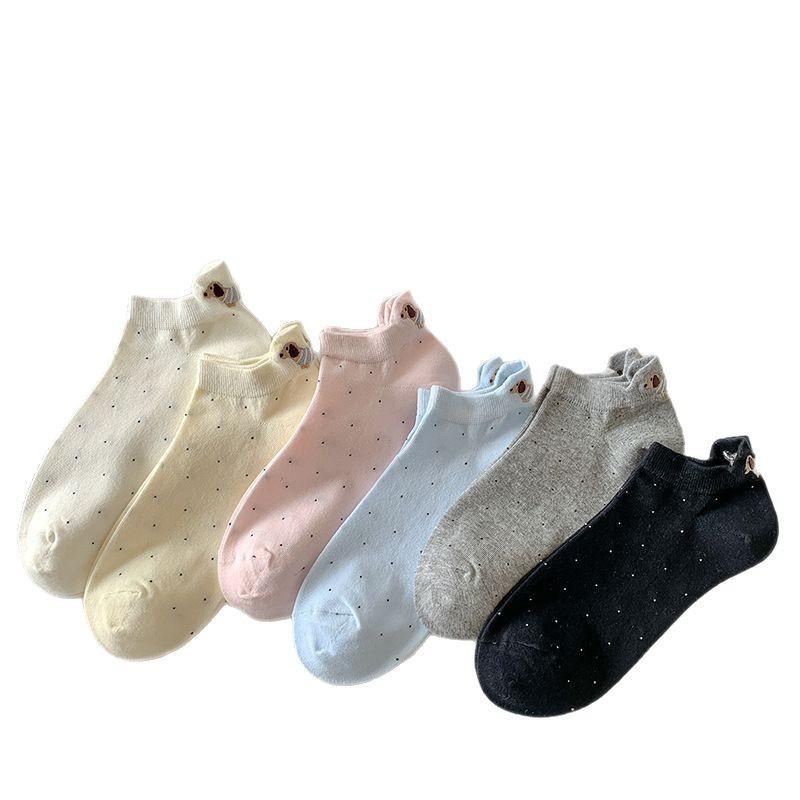 Spring and Summer Children's Thin Style Short Socks with Polka Dots, Cute Cartoon Dachshund Embroidery, Spring Cotton Short Tube Trendy Socks