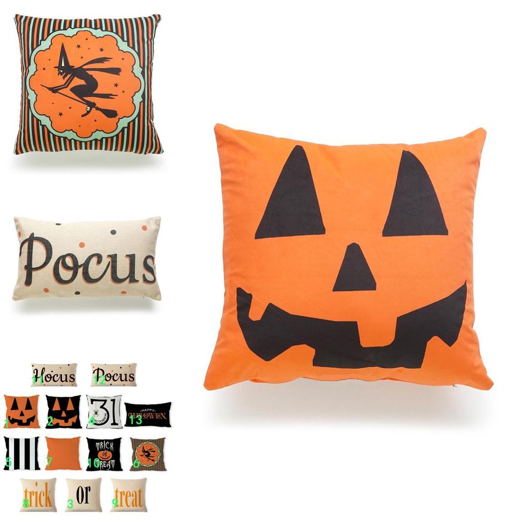 Linen Throw Pillow Case Halloween Pumpkin Trick Or Treat Design 45x45cm**