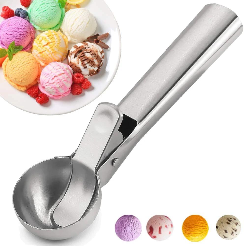 Ice Cream Ball Scoop with Trigger Premium Stainless Steel Fruit Scoop for Frozen Yogurt Sundae Ice Cream Ball Spoon Stacks