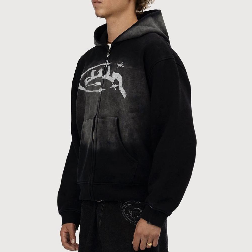 RogueWave Vintage Praná Zipová Mikina Y2K Bunda Rock Hip Hop Patchwork Oversized Mikina Svetr Dlouhý Rukáv Topy