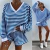  New Summer Women's Casual Striped Lounge Set Long Sleeve V-Neck Loose Top with Sports Shorts 2-Piece