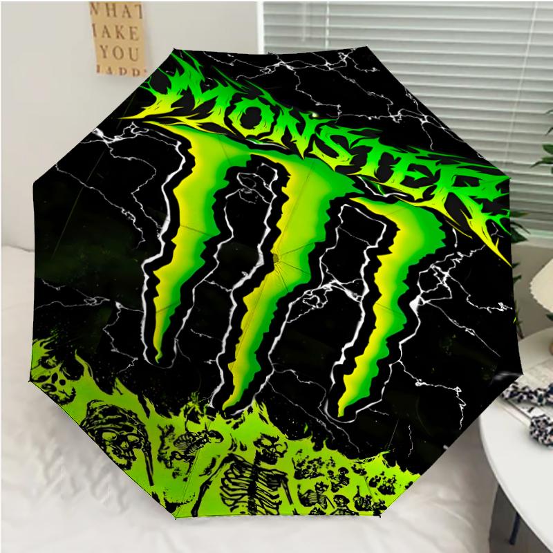 Monster Energy LOGO Print Automatic Umbrella, 8 Rib Iron Frame, Plastic Handle, Suitable for Outdoor Travel &Daily , Ideal Gift