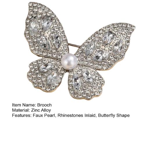 Women Brooch Three-Dimensional Butterfly Design Pin with Imitation Pearls Rhinestones Suits Coats Sweaters Badge Occasions Decorative Accessories