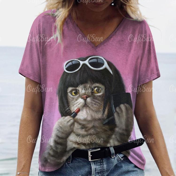 Mode Streetwear Dames Oversized T-shirt 3D Kattenprint Zomer Casual Korte Mouw Ronde Hals Pullover Dameskleding