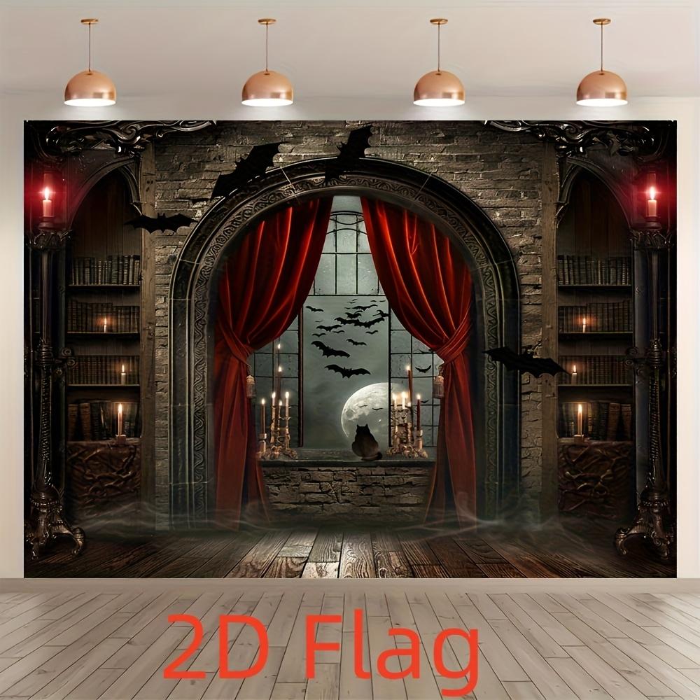 2D Flat Polyester Background Fabric - with Magic Broom and Vampire Castle Design - Perfect for Halloween and Parties
