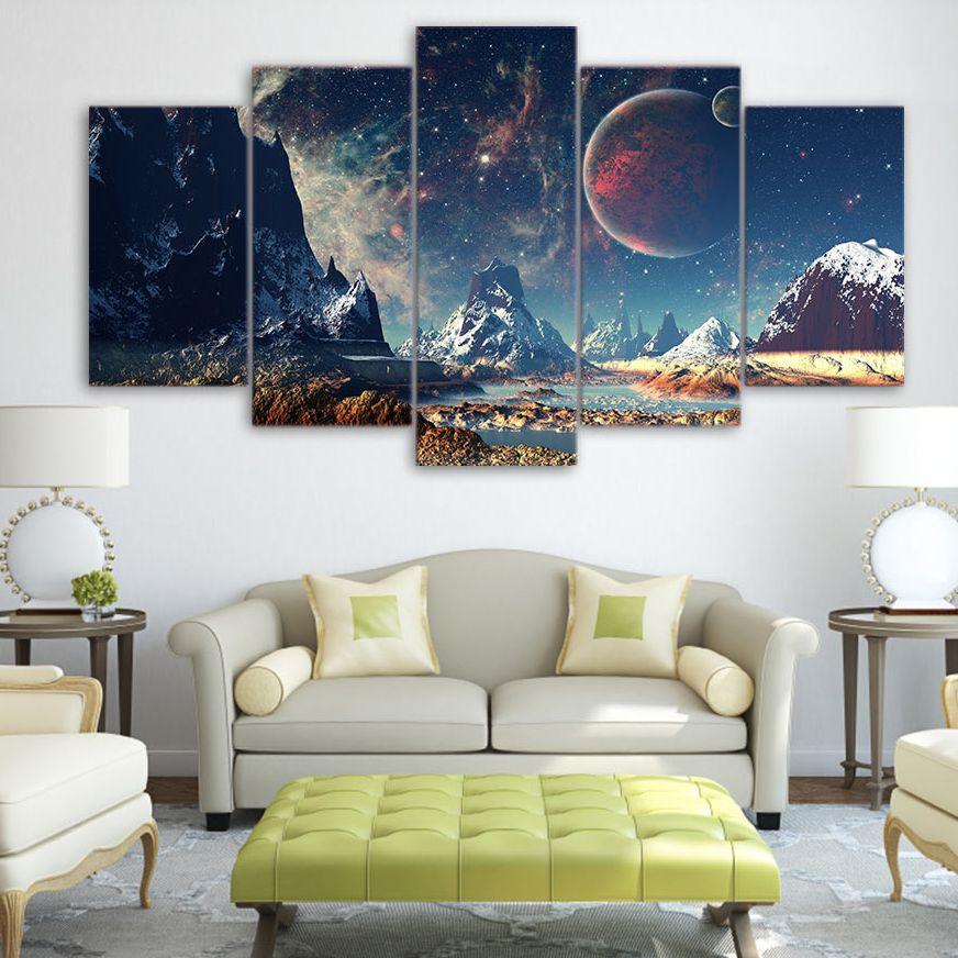 Toile non encadrée 5 pièces Espace Planète Lac enneigé Galaxie Art mural Affiches Images Peintures Décoration d'intérieur pour Décoration de salon