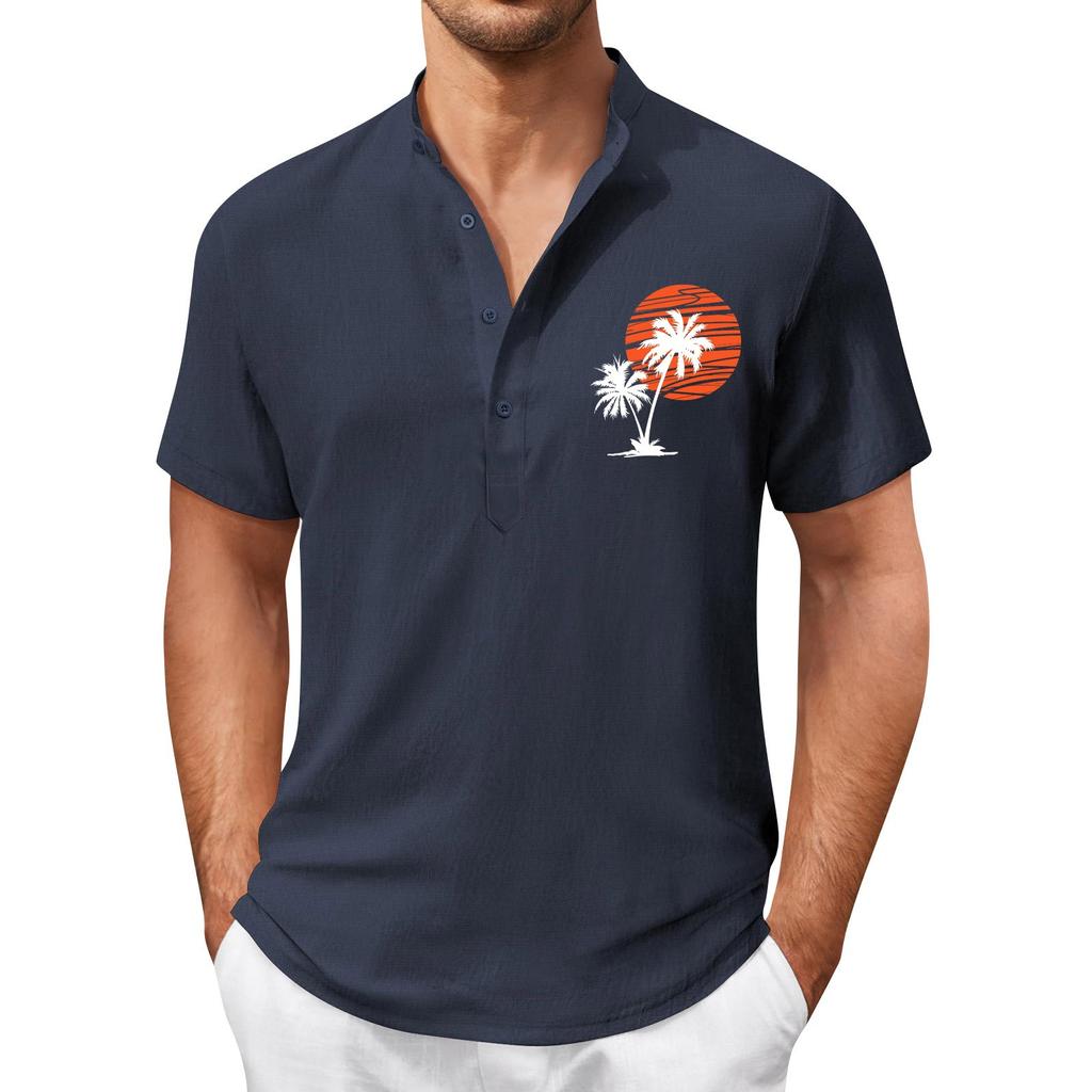 Vintage Summer Men's T-Shirt Streetwear 3 Buttons Open Fly Loose Clothing Print Short Sleeve T-Shirt