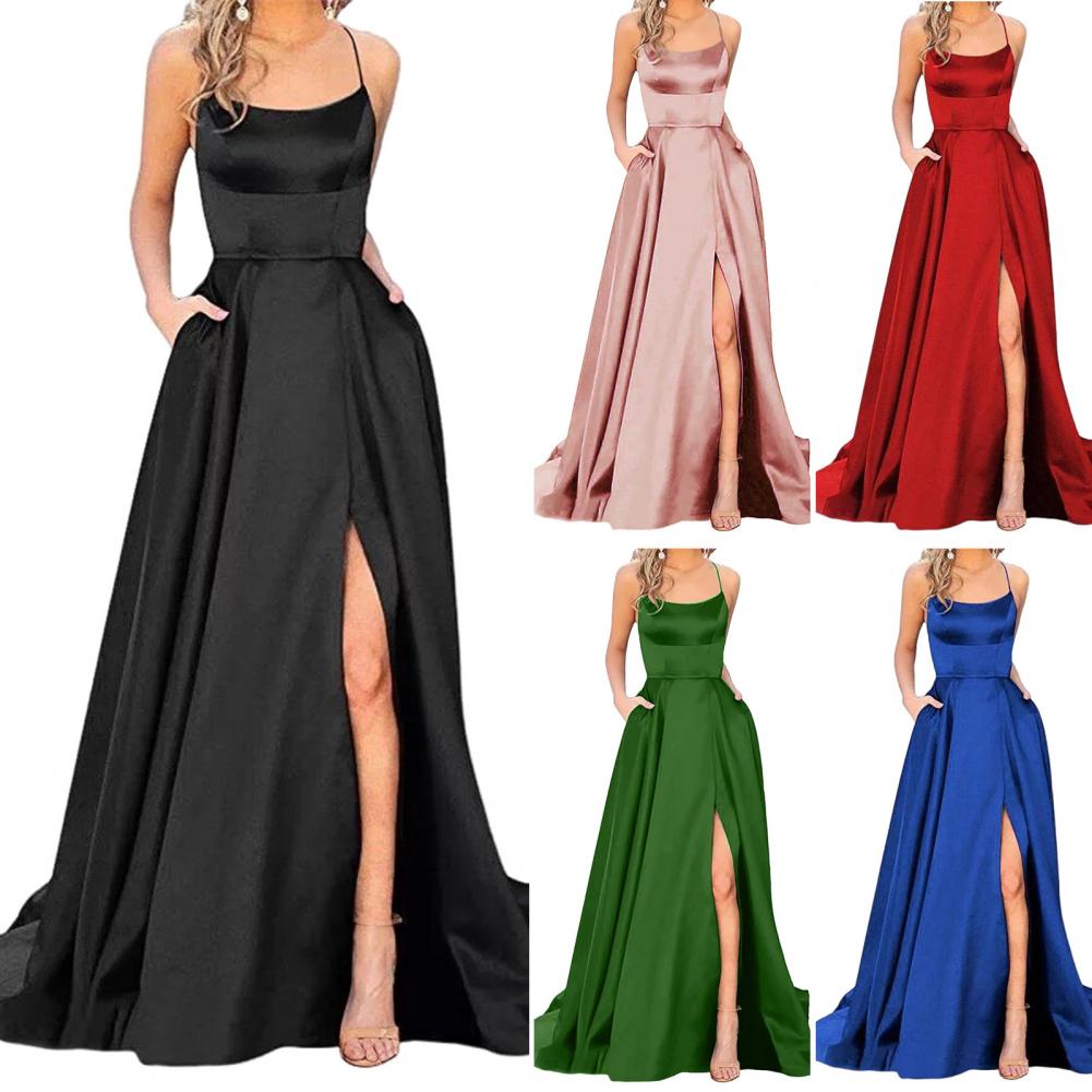Prom Maxi Dress Elegant Satin Evening Dress with Spaghetti Straps High Slit Side Pockets for Prom Banquet or Party Off Shoulder St Practical Use