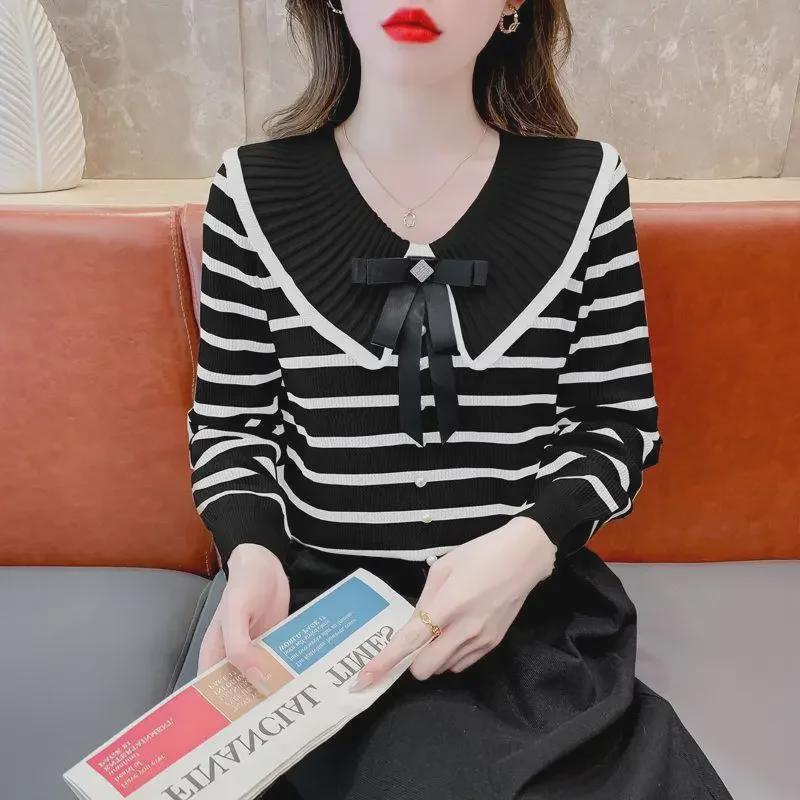 Women's Trendy Striped Long-Sleeve Collared Sweater - 2024 Autumn/Winter Fashion