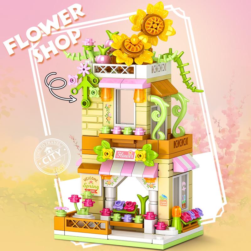 City Building Blocks Flower Shop Sunflower Store House Model Set Desktop Decor Kids DIY Toys Christmas Birthday Gift