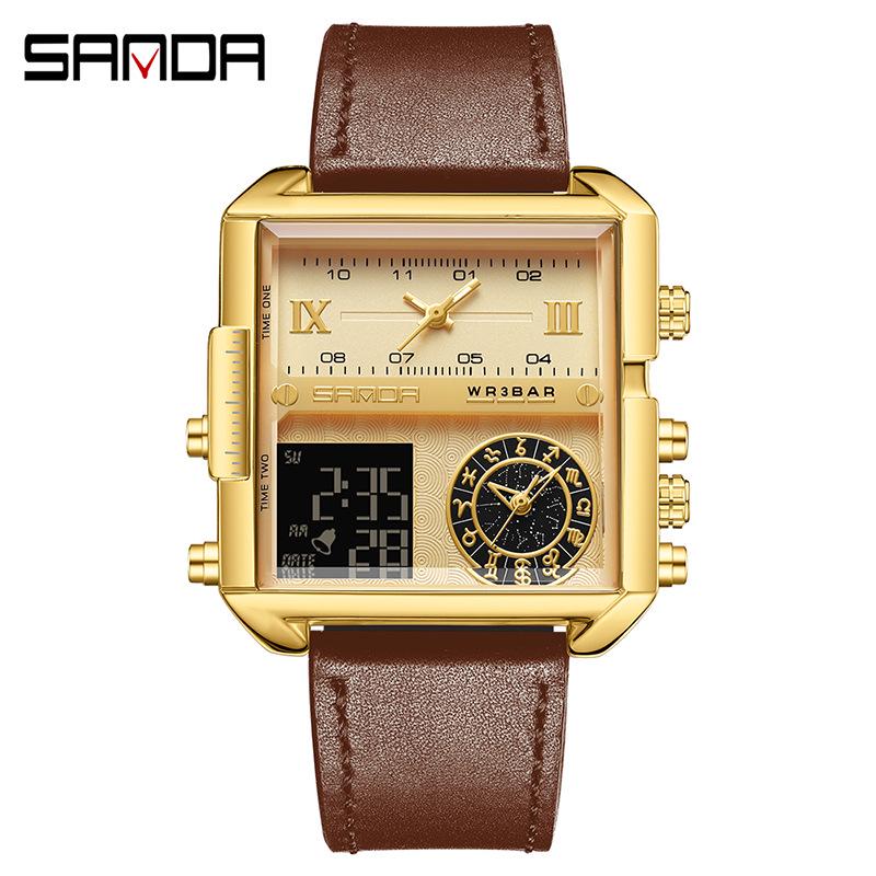 Sanda Multi-Function Three-Movement Men's Square Sports Watch - Waterproof, Luminous, Steel Belt, Electronic.