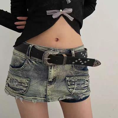 Women Trouser Belt Punk Cool Metal Buckle Adjustable Eyelet Leather Fashion Thin Waistband for Jeans Hole Waist Goth Belt