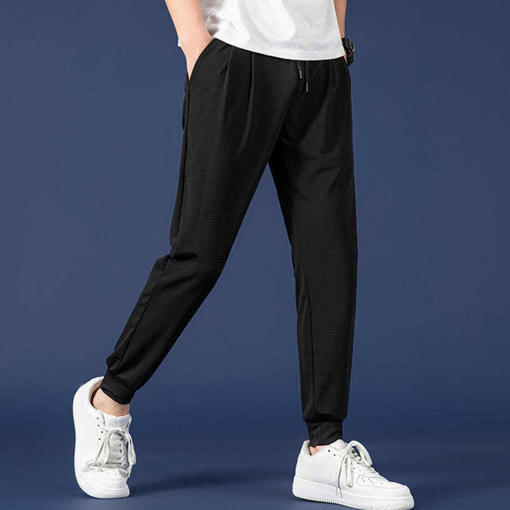 Men Ice Silk Sweatpants Elastic Drawstring Waist Pockets Sport Pants Breathable Mesh Thin Fitness Trousers Streetwear