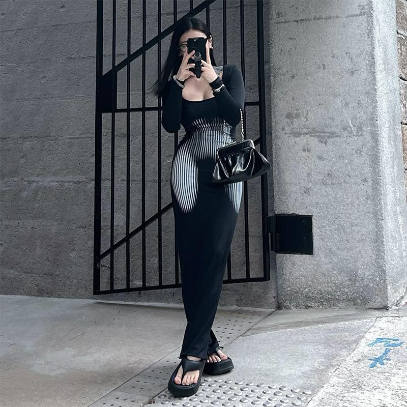 European And American Summer New Style Square Collar Pullover Long Sleeved High Waist Bag Hip Fishtail Sexy Elegant Dress