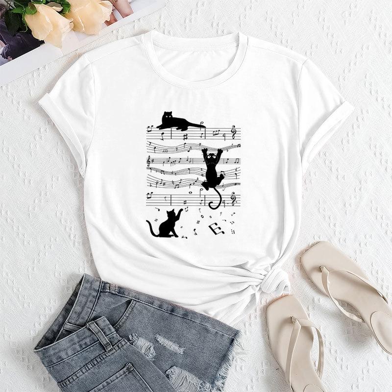 Summer Women's Sheet Music Print Loose Round Neck Casual Pure Cotton Short Sleeved T-shirts Women's