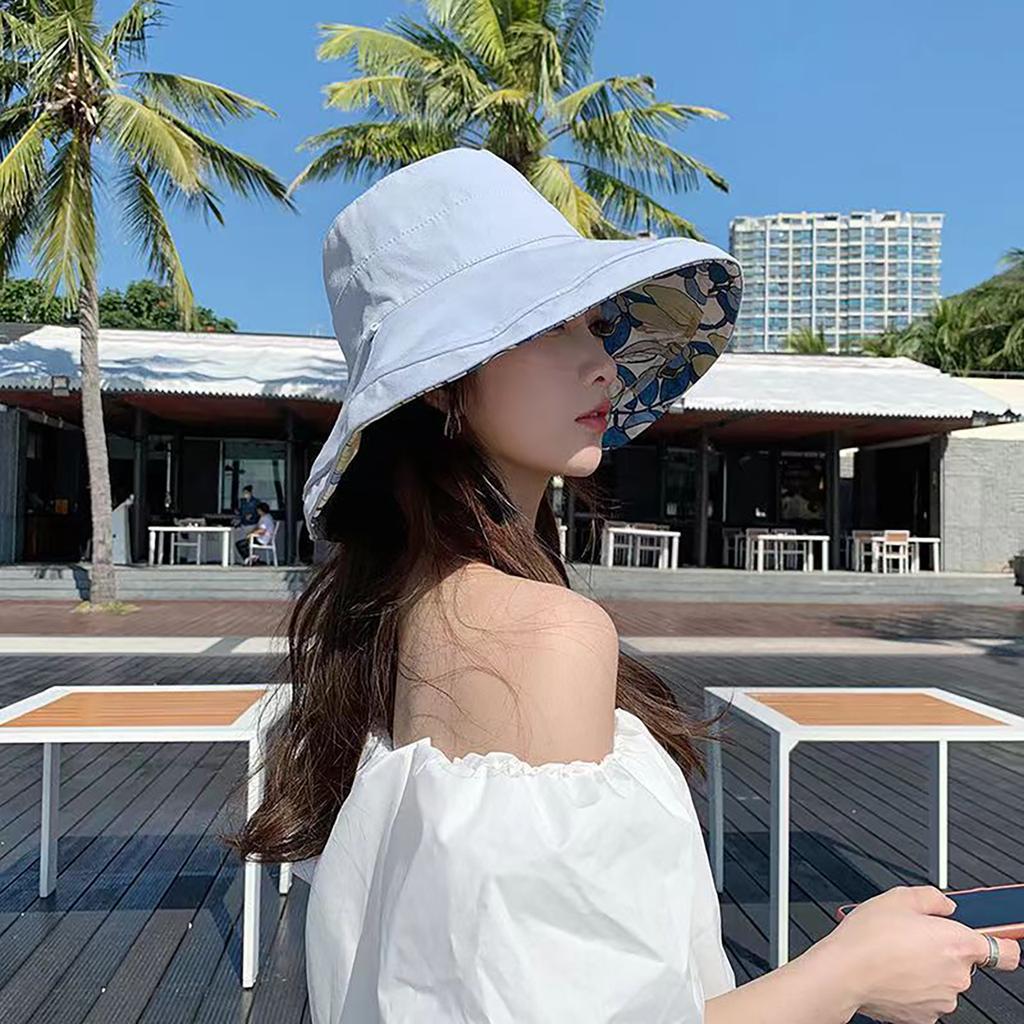 Double-Sided Women Bucket Hat Solid Color Flower Print Wide Brim Fisherman Hats For Ladies Outdoor Travel Panama Sunscreen Cap