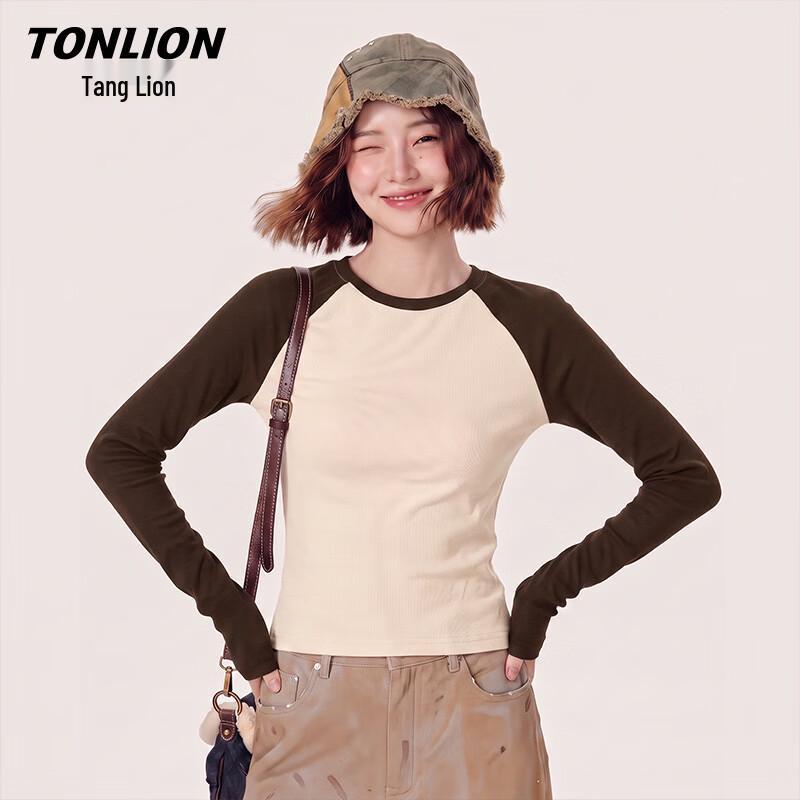 TonLion Damen Slim-Fit Color-Block Langarm-T-Shirt