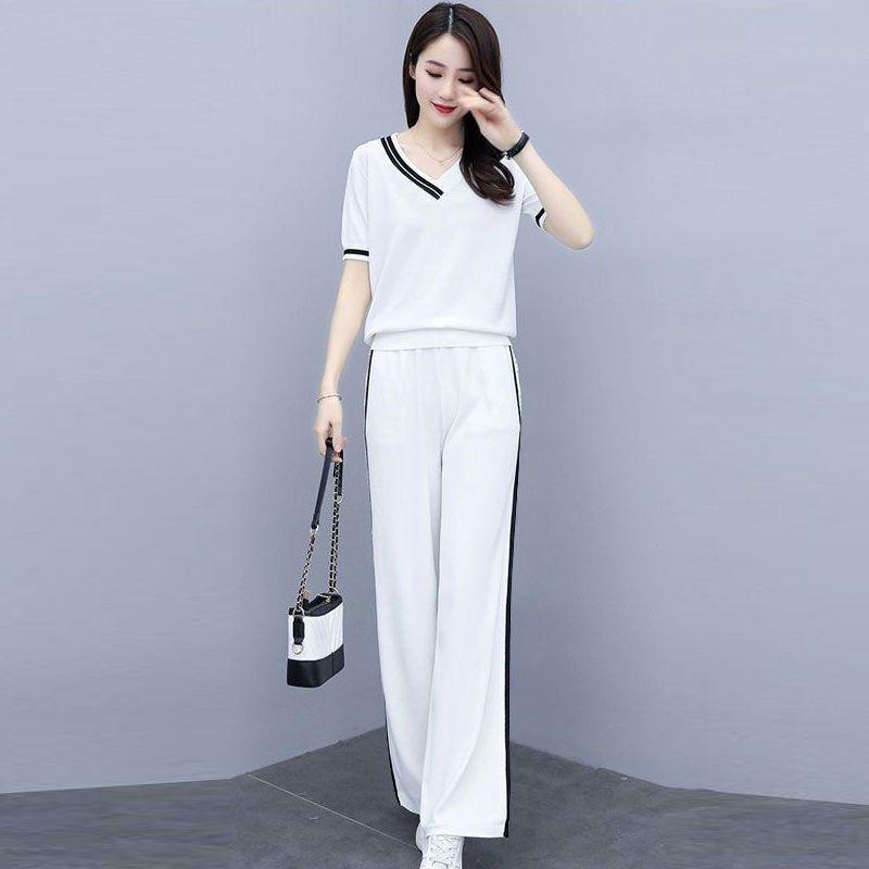 Summer Sports Suit for Women, Fashionable, Slim, Short-sleeved, Wide-leg Pants, Casual Two-piece Set