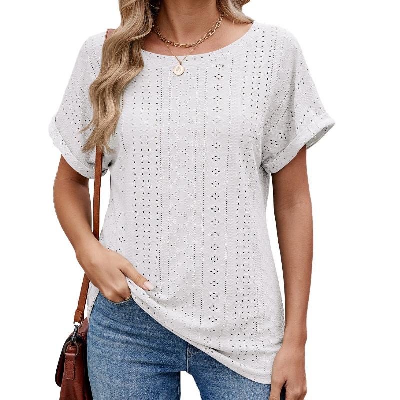 Ladies Spring and Summer New Solid Colour Round Neck Short Sleeve Loose Casual T-shirt Tops