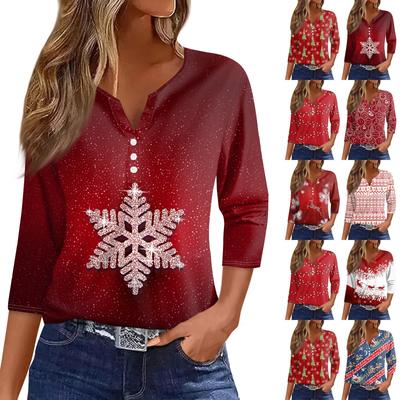 Women's T Shirt Tee Christmas Print Button 3/4 Sleeve Daily Weekend Fashion Basic V Neck Regular Top