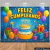 2D Spanish Birthday Backdrop - Feliz Cumpleaños Confetti Banner for Kids Fiesta Photoshoot