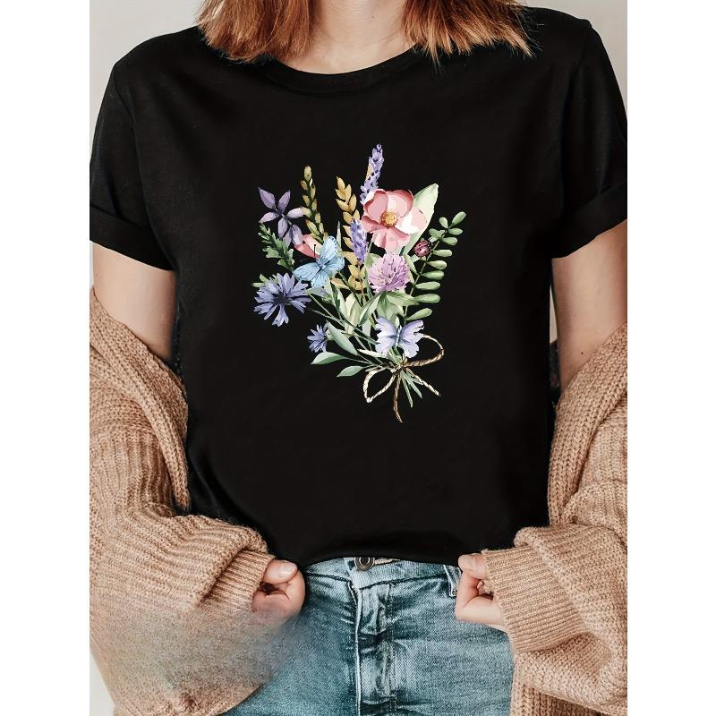 Europäische Größe Damen Kurzarm-T-Shirt mit lebendigem Blumendruck - Lässig, Rundhals, Leicht & Atmungsaktiv für Frühling/Sommer,