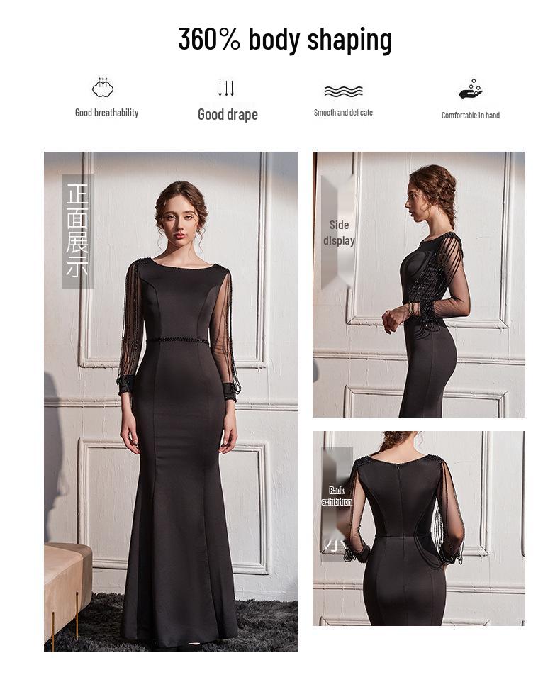 Elegant European Mesh Beaded Long Sleeve Hepburn Style Evening Party Gown