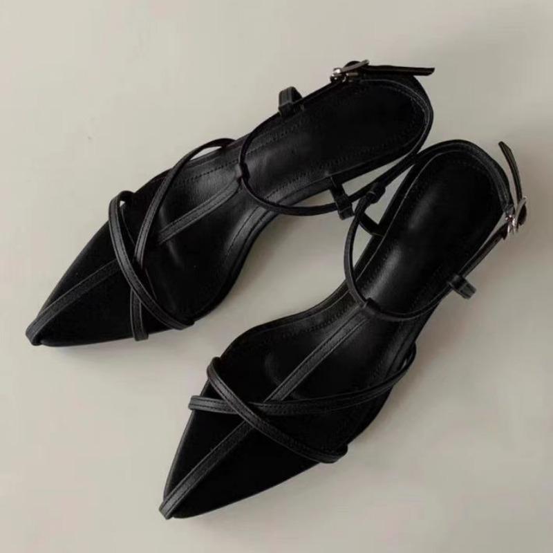 Low Heel Shoes Summer New Pointed Fine Belt Interlace Metal Buckle Line with Soft Sole Non-slip Fine Heel Sandals