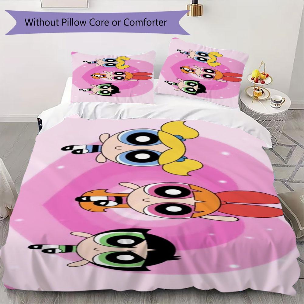 Powerpuff Girls Cartoon Prints Bedding, Duvet Cover and Pillowcases, Birthday Gift (1 Duvet Cover + 2 Pillowcases, Pillow Insert Not included)JM001
