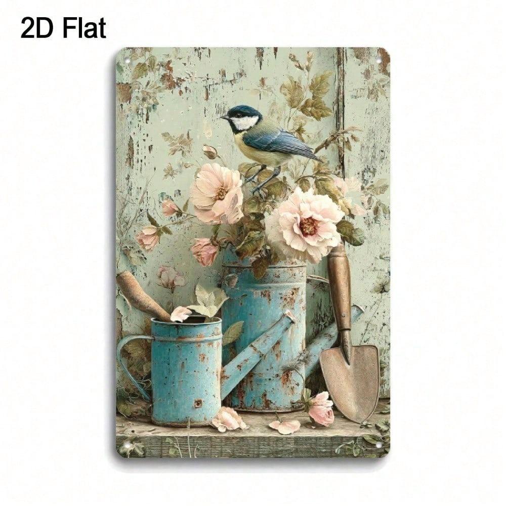 Vintage Metal Wall Art 8x12 Inch, Rustic Garden Scene with Pink Roses and Bluebirds in Vase, Durable Outdoor Decor
