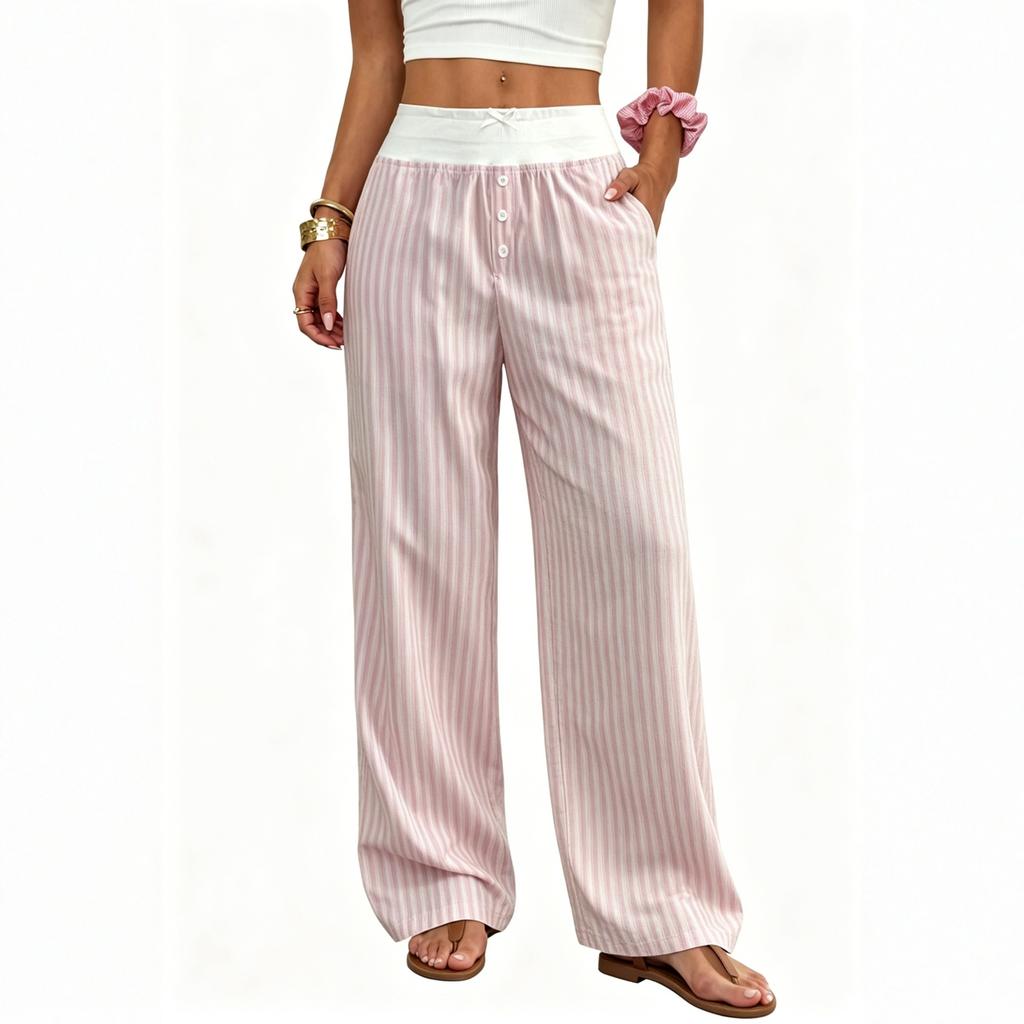 Pantalones de Chándal Anchos para Mujer Cintura Alta Cordón Cintura Elástica Corte Holgado Rayados Ligeros Pantalones Ropa Casual