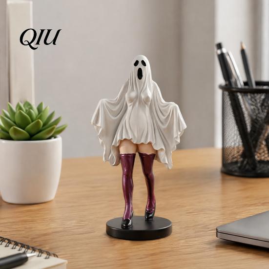 Funny Ghost Gift for Gothic Lovers Lady Sculpture, Halloween Resin Shrouded Woman Figurine, Mythical Small Figurine Shelf Decor Desktop Ornament