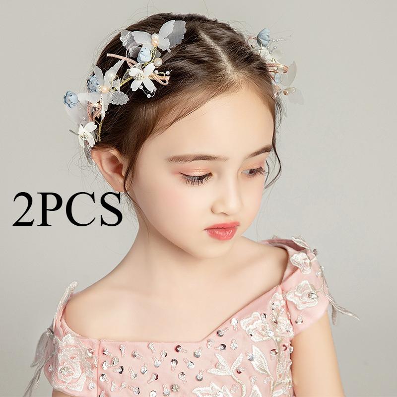 2 STUKS. Bruiloft Hoofddeksel voor Kinderen - Roze & Blauwe Vlinder Bloemenkroon met Handgemaakte Kristallen Kralen, Elegant Haaraccessoire