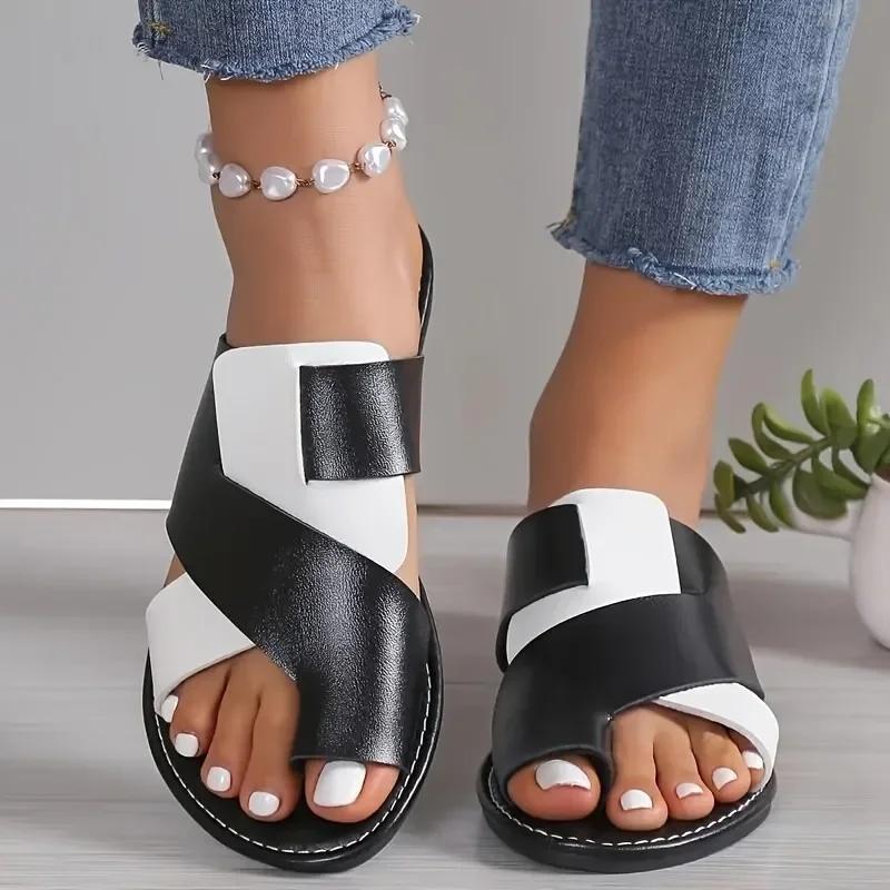 Casual Flat Top Plus Size Slippers for Women 2025 New Color Blocked Comfortable Black and White Fish Mouth Slippers for Women